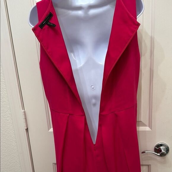 BCBGMaxAzria Fuchsia Pink Red Slimming Ruched Midi Dress Sz 12 Scoop Neck Pleat - Picture 8 of 11